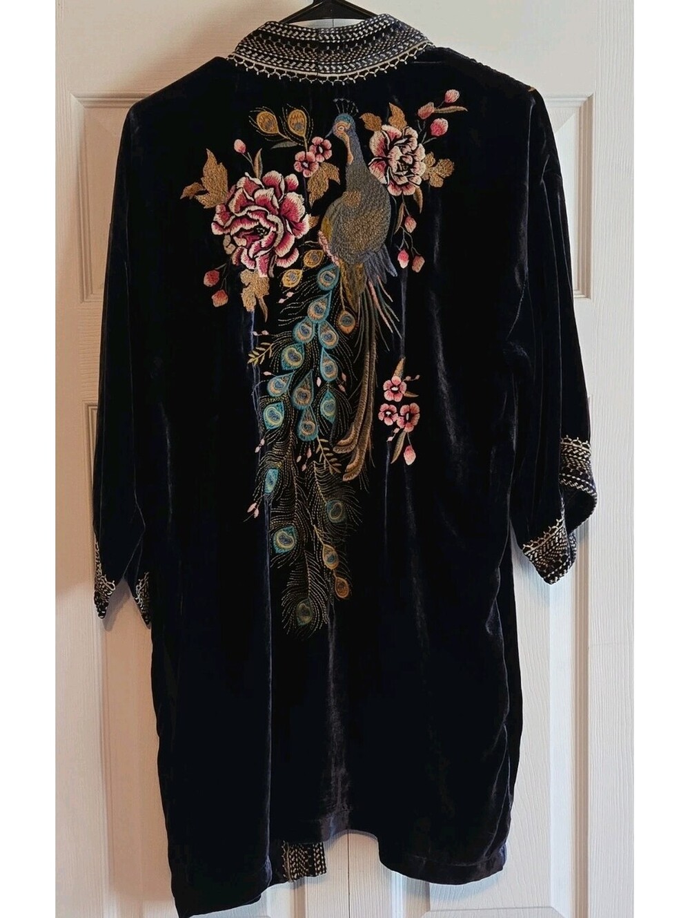 Johnny Was silk blend quito velour PS Embroidered Floral Open Front Kimono boho